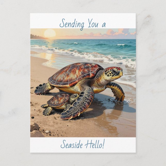 Cartão Postal Sea Turtle and Baby Illustration | Saying Hello (Frente)