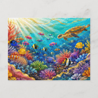 Cartão Postal Sea Turtle Colorful Coral Reef & Tropical Fish