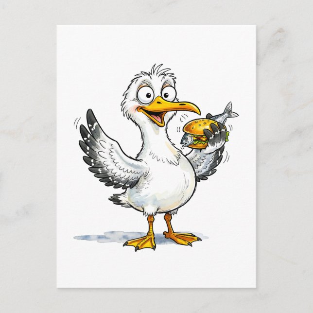 Cartão Postal Seagull Holding Fish Sandwich at the Coast (Frente)