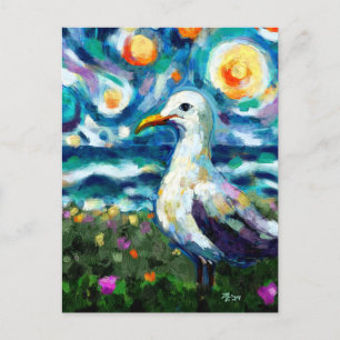 Cartão Postal Seagull Van Gogh Style Beach Sky Blue Teal