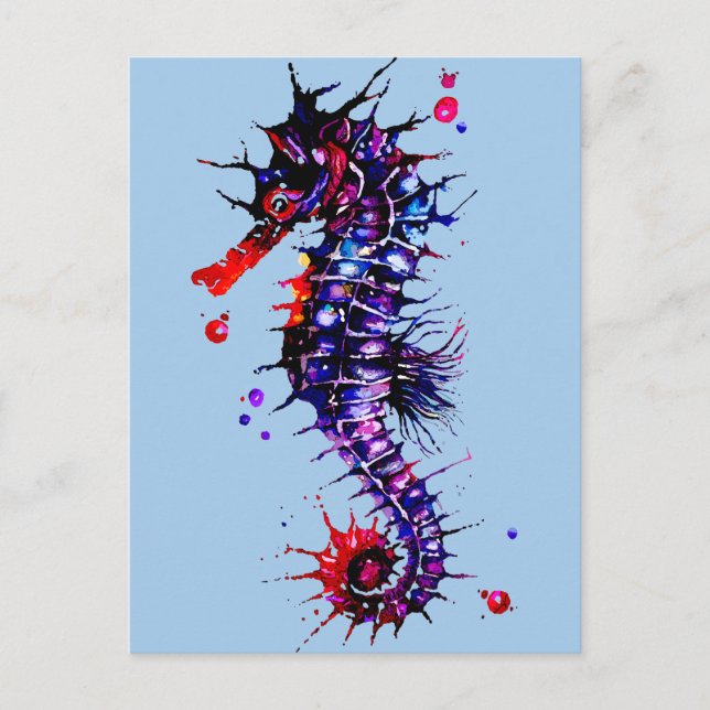 Cartão Postal Seahorse Colorful Watercolor (Frente)