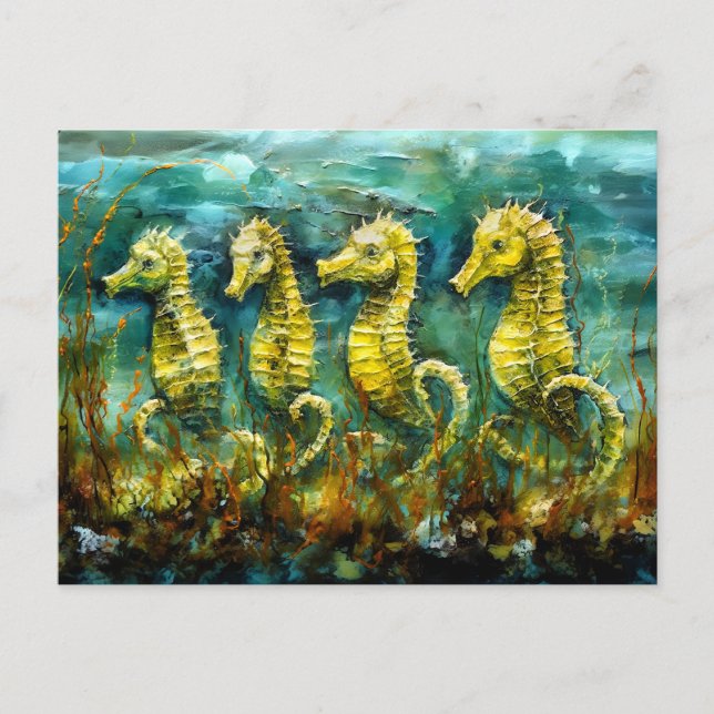 Cartão Postal Seahorses in Expressive Ocean Oil Painting (Frente)