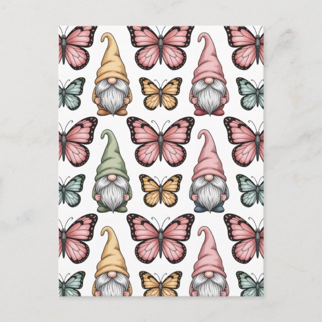 Cartão Postal Seamless Pattern with Gnomes and Butterflies (Frente)