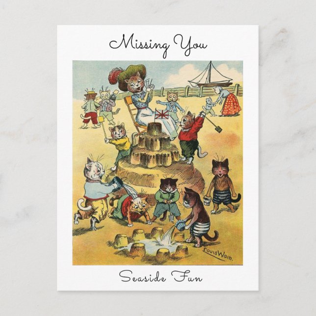 Cartão Postal Seaside Fun Victorian Cat Mischief Missing You (Frente)