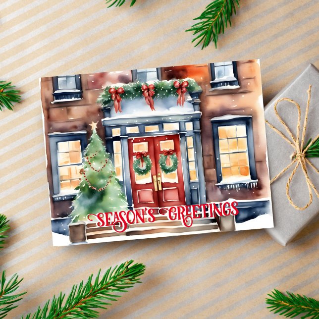 Cartão Postal Seasons cumprimenta a rua de Natal Nova Iorque (Seasons greetings Christmas postcard watercolor New York Christmas decorated street building)