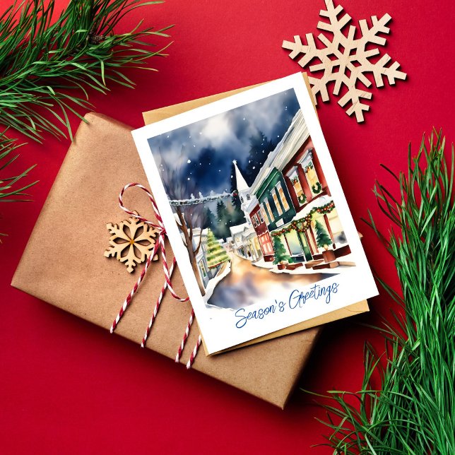 Cartão Postal Seasons cumprimenta a rua natalina Califórnia (Season's greetings Christmas snowy winter Nevada City California watercolor postcard)