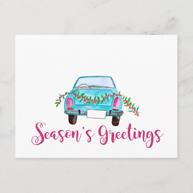 Cartão Postal Season's Greetings Classic Car Watercolor (Frente)