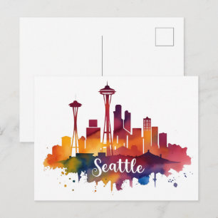 Cartão Postal Seattle City aguarela Skyline