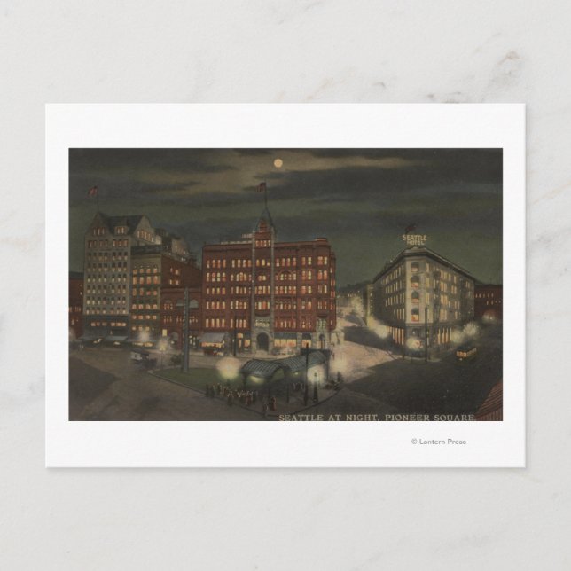 Cartão Postal Seattle, Praça WAPioneer à Noite (Frente)