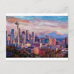 Cartão Postal Seattle Skyline Com Agulha Espacial E Mt Rainier