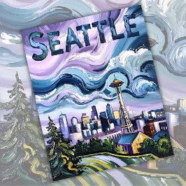 Cartão Postal Seattle Skyline Van Gogh Style Viagens vintage Art