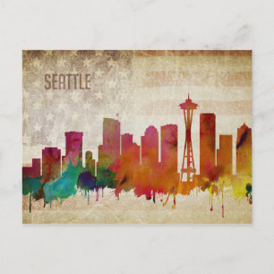 Cartão Postal Seattle, WA Linha Skyline Cidade de Cores