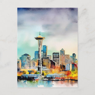 Cartão Postal Seattle Washington City Skyline watercolor