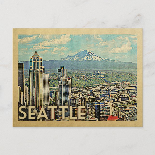 Cartão Postal Seattle Washington Rainier Skyline Viagens vintage (Frente)