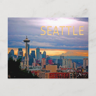 Cartão Postal Seattle Washington Skyline no Sunset TEXT SEATTLE