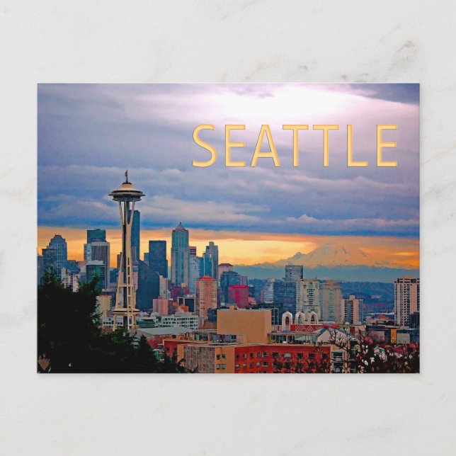 Cartão Postal Seattle Washington Skyline no Sunset TEXT SEATTLE (Frente)