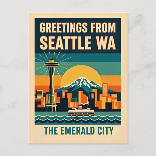Cartão Postal Seattle Washington – The Emerald City Retro 1930s (Frente)