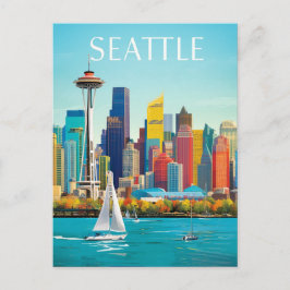 Cartão Postal Seattle Waterfront & Space Agulha Retro Art
