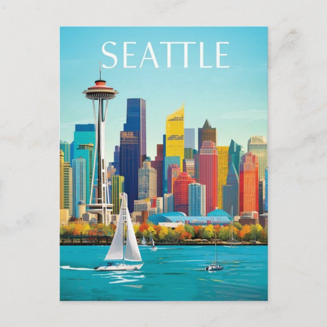 Cartão Postal Seattle Waterfront & Space Agulha Retro Art (Frente)