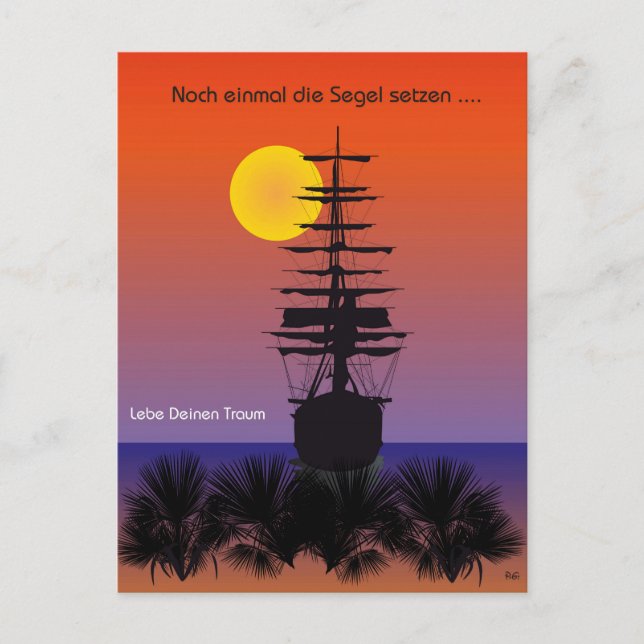 Cartão Postal Segelschiff mit Sonnenaufgang Postkarte (Frente)