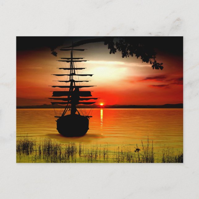Cartão Postal Segelschiff mit Sonnenaufgang Postkarte (Frente)
