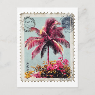 Cartão Postal Selos de Correio de Palma Rosa Tropical Vintage T‑