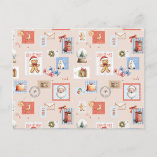 Cartão Postal Selos de Natal Papai Noel rena doce