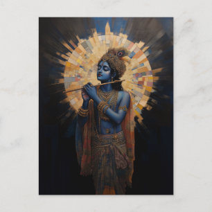 Cartão Postal Senhor Divino Krishna tocando a Flauta Art Nouveau