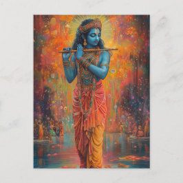Cartão Postal Senhor Krishna tocando a Flauta Arte Azul Laranja 