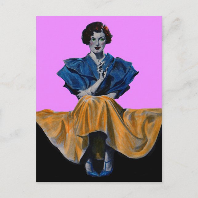 Cartão Postal Senhora bonito de 1934 desfrutando de um Chesterfi (Frente)