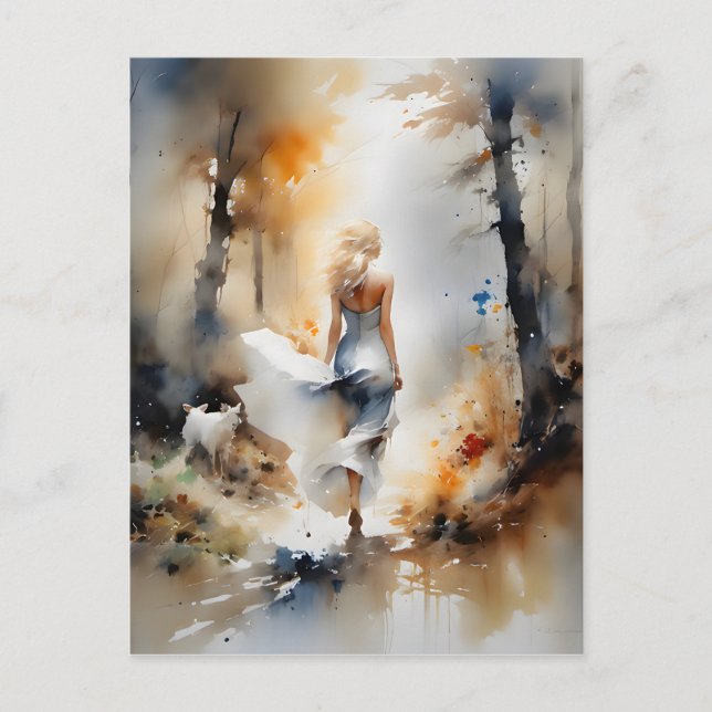 Cartão Postal Senhora Caminhando Através De Uma Floresta (Frente)