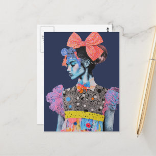 Cartão Postal senhora Colagem Colorida Um laço grande no cabelo