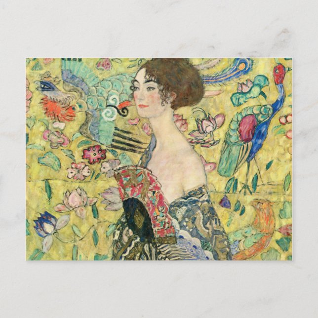 Cartão Postal Senhora com fã,Gustav Klimt,1907,art nouveau,vinta (Frente)