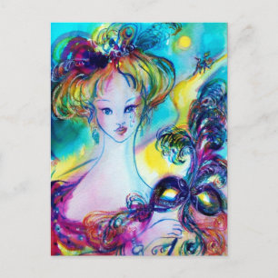 Cartão Postal SENHORA COM PENA MÁSCARA Veneza Mascarada NOITE