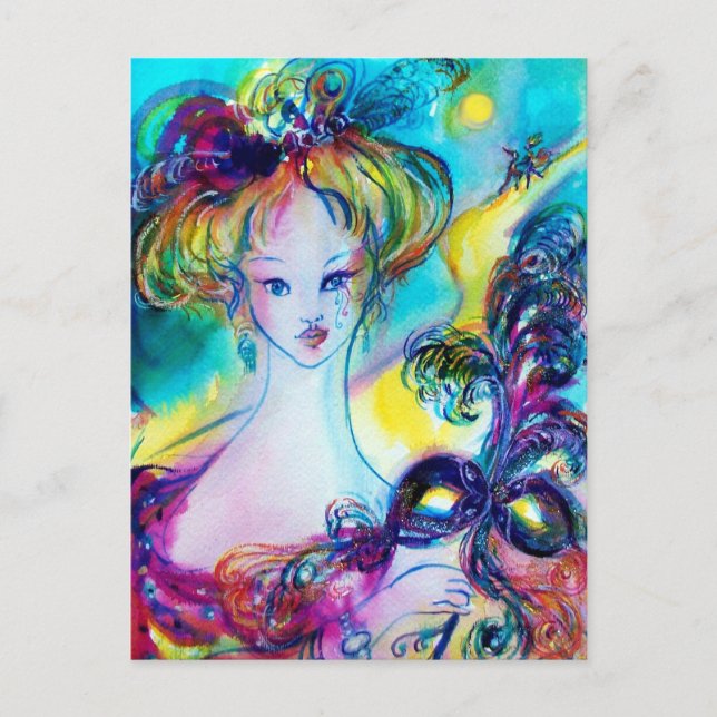 Cartão Postal SENHORA COM PENA MÁSCARA Veneza Mascarada NOITE (Frente)