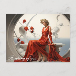 Cartão Postal Senhora com um vestido vermelho em uma pintura de