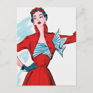 Cartão Postal Senhora da Moda Retro em Vermelho