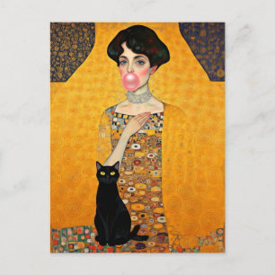Cartão Postal Senhora de Chiclete Rosa com Gato Preto Gustav Kli
