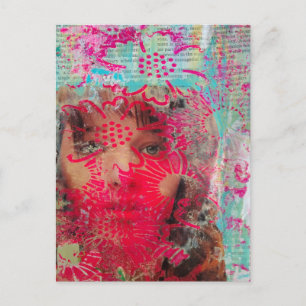 Cartão Postal Senhora Floral Colagem Mídia Mista Abstrata Cartã