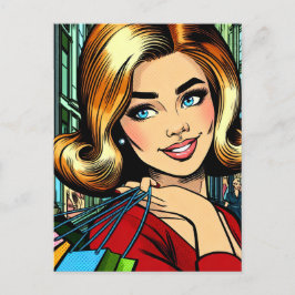 Cartão Postal Senhora retrô com Meio século de sacos de compras