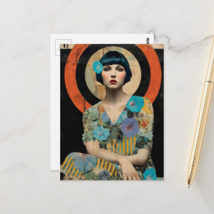 Cartão Postal Senhora Retro e Flores de Maravilha