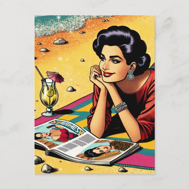 Cartão Postal Senhora retrô na praia sonhando com moda (Frente)