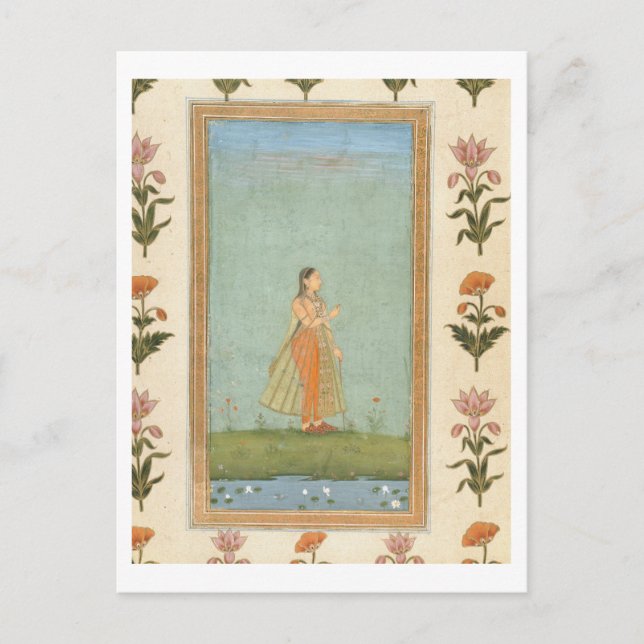 Cartão Postal Senhora segurando uma flor, parada por uma lagoa d (Frente)