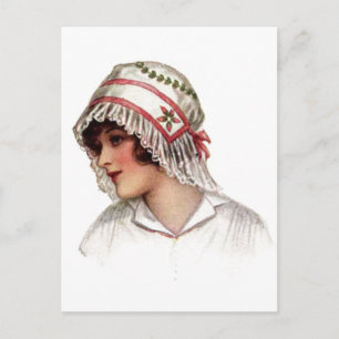 Cartão Postal Senhora Vintage em Embroiderme e Bonnet Lace