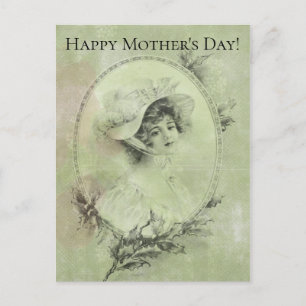 Cartão Postal Senhora Vitoriana em Chapéu Verdigris Verde