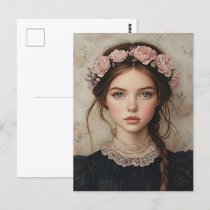 Cartão Postal Senhora Whimsical em um Retrato da Coroa Flor