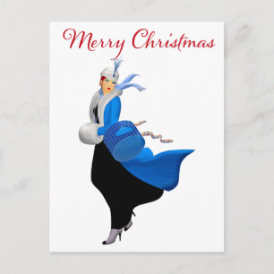 Cartão Postal Senhorita Vintage em Cumprimento de Natal Azul