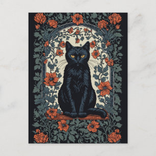Cartão Postal Sentado Black Cat Vintage Floral
