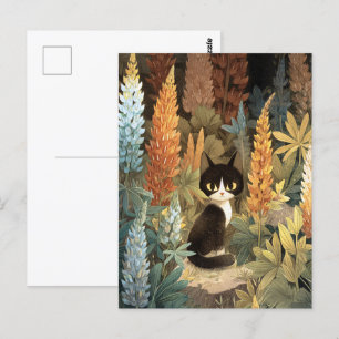 Cartão Postal Sentado De Gato Whimsical Entre Flores De Lupina V