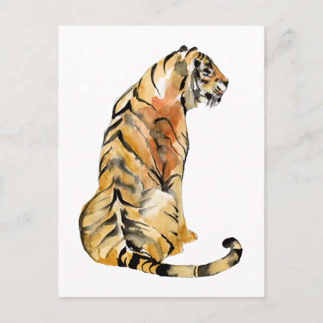 Cartão Postal Sentado de Tigre de Aquarela (Frente)